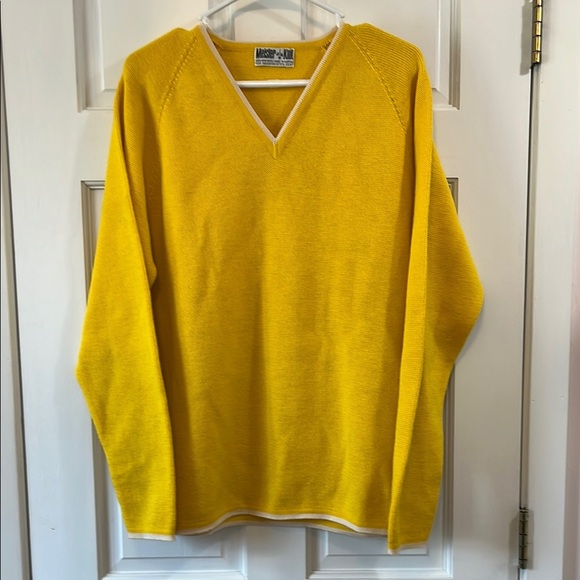 Vintage Meister Knit Vibrant Yellow V-Neck Sweater with White Trim - Size Large - Picture 1 of 13